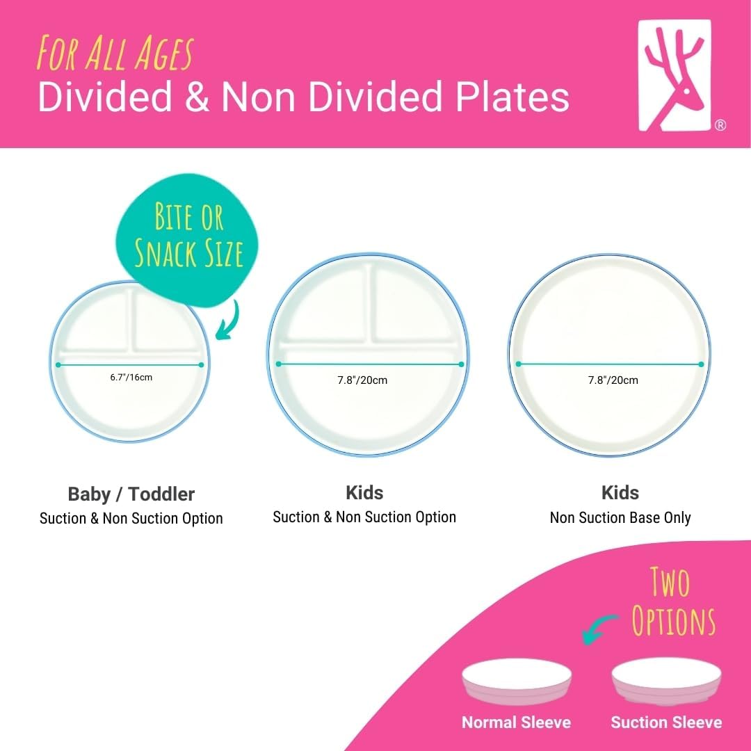 Elk and Friends Kids 6.7” Porcelain Divided Plates with Silicone Suction Sleeves | Suitable for Babies/Kids/Toddlers | Microwave & Dishwasher Safe | Non Slip | Snack Dishes | 2 Pack