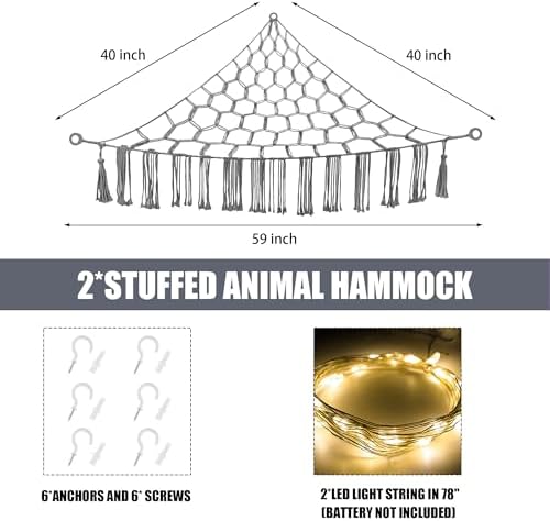 CERETIA Stuffed Animal Hammock Corner Plushie Net Storage, 2 Packs Grey - Image 5