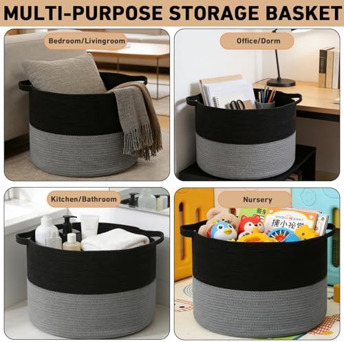 65L Large Blanket Basket, Woven Rope Laundry Basket-Black&Dark Grey - Image 6