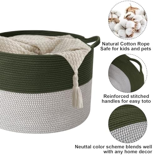 65L Large Blanket Basket, Woven Rope Laundry Basket-Green&White - Image 3