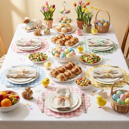 60Pcs Pastel Gingham Paper Placemats, 13.5 Inch Scalloped Checkered Placemat - Image 6
