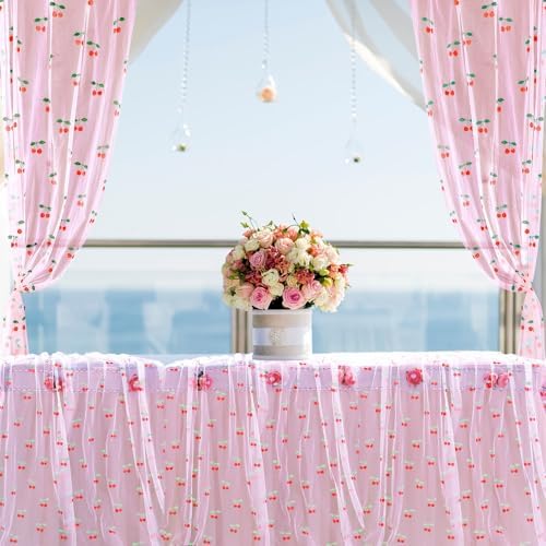 4 Pcs Cherry Table Runner 29x70 Inch Pink Glitter Tulle Summer - Image 5