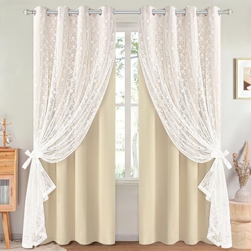 ASPMIZ Beige Blackout Curtains for Bedroom Double Layer Curtains 52x84 by ASPMIZ