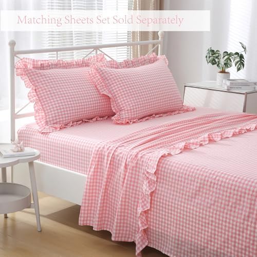 2 Pack Coral Pink Gingham Ruffle Standard Pillow Shams 20"x26" - Image 7