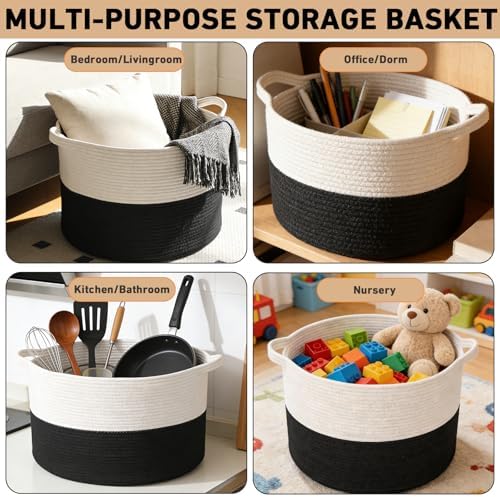 90L Extra Large Blanket Basket, Woven Laundry Basket-White&Black - Image 6