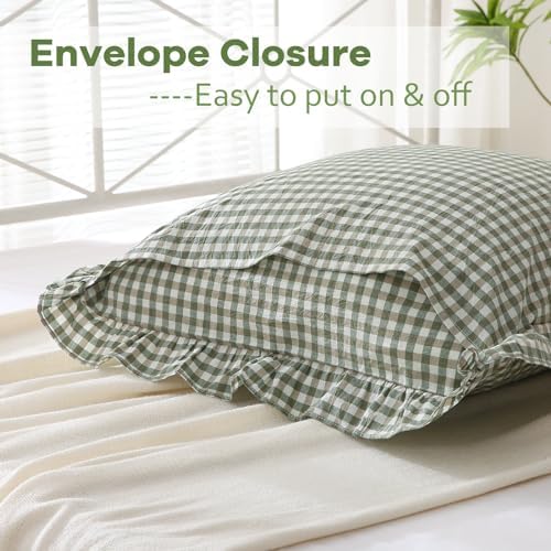 2 Pack Sage Green Gingham Ruffle Pillow Shams King Size 20"x36" - Image 4