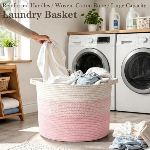 65L Large Blanket Basket, Woven Rope Laundry Basket-Mixed Pink - Image 5