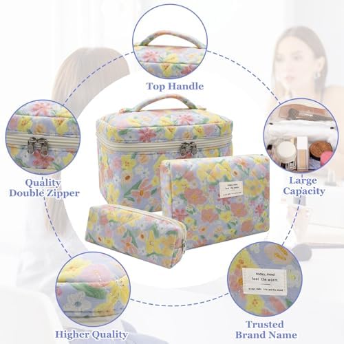 Gosect 3pc Makeup Bag Set, Quilted Makeup Bag Set, Large Floral Cosmetic Bag - Image 3