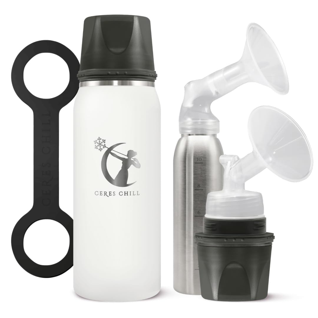 CERES CHILL OG Breastmilk Chiller, Reusable Storage Container, Up to 34 oz. - Bottle Cooler Keeps Milk at Safe Temperatures for Up to 20 Hours, Connects w/Most Pumps (White)