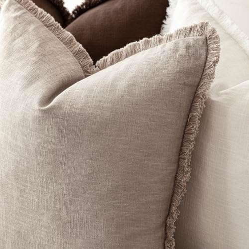 Foindtower Decorative Linen Fringe Throw Pillow Covers 22×22 Natural Linen - Image 5