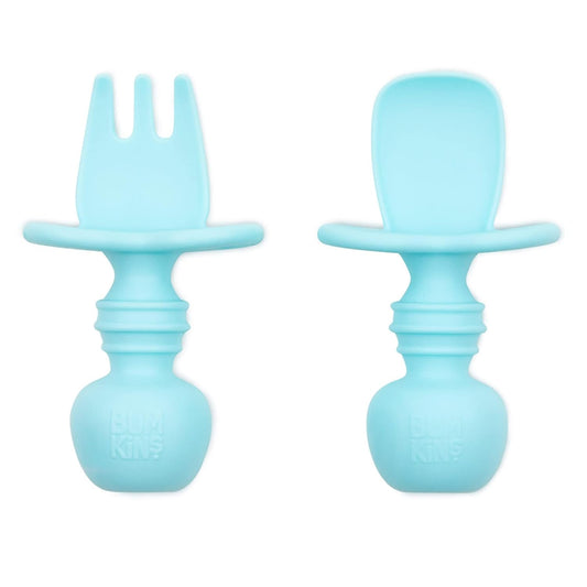 Bumkins Baby Utensils Set, Chewtensils Silicone Spoons for Dipping, Self-Feeding, Baby Led Weaning, Trainer Learning First Stage Eating, Soft Practice Fork and Spoon, Babies 6 Months, Blue