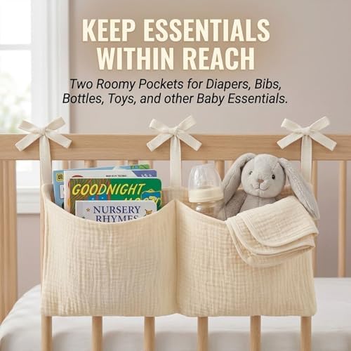 2pc Crib Organizer Hanging Storage Bag, Soft Muslin Bedside Nursery Caddy - Image 5
