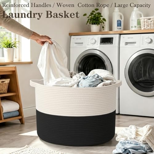 90L Extra Large Blanket Basket, Woven Laundry Basket-White&Black - Image 5