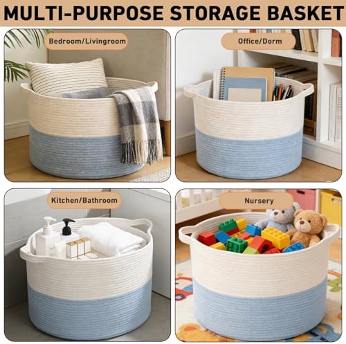 90L Large Blanket Basket, Woven Laundry Basket-White&Blue - Image 6