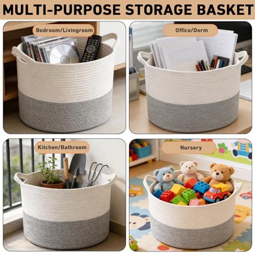 90L Extra Large Blanket Basket, Woven Rope Laundry Basket-White&Grey - Image 6