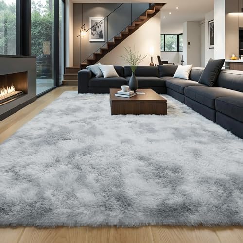 Grey Fluffy 8x10 Area Rug, Tie-Dye Light Gray Soft Washable Shag Carpet by KICHOWUA