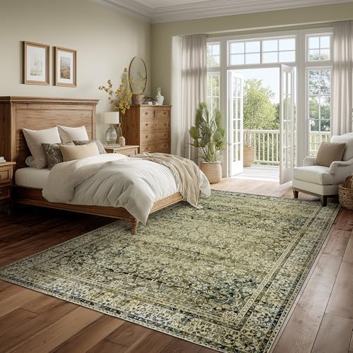 Olive and Tan Rug 5x8 Neutral Floral Soft Carpet Washable - Image 5