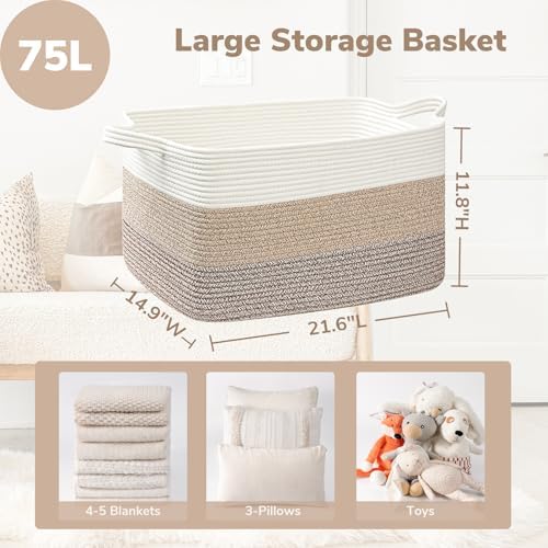 Goodpick Large Woven Rope Blanket Basket, Light Brown - Image 3