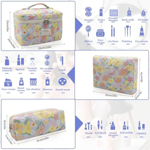 Gosect 3pc Makeup Bag Set, Quilted Makeup Bag Set, Large Floral Cosmetic Bag - Image 2