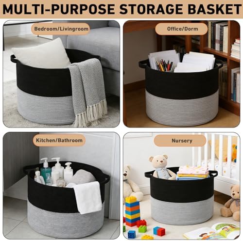 90L Large Blanket Basket, Woven Laundry Basket-Black&Light Grey - Image 6