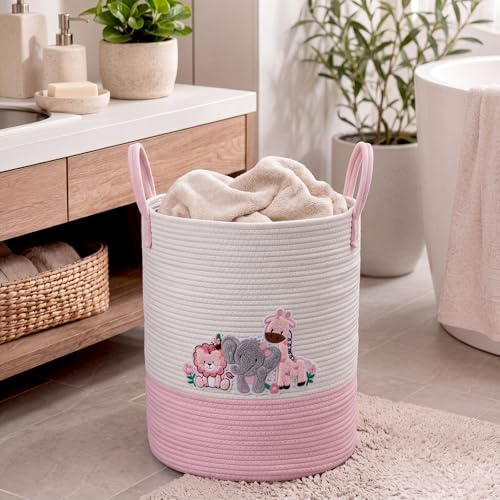 LemonRoad Pink Animals Laundry Hamper Large Cotton Rope Storage Basket - Image 5