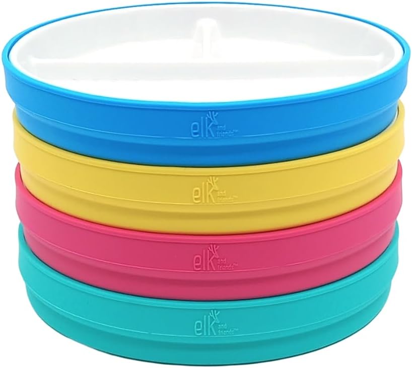 Elk and Friends Kids 7.8” Porcelain White Plates with Silicone Sleeves | Divided Plates | Suitable for Kids/Toddlers | Microwave & Dishwasher Safe | Non Slip | Snack Dishes…