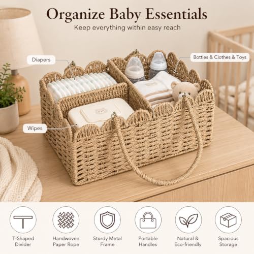 Large Wicker Diaper Caddy Organizer, Scalloped Nursery Basket - Image 4