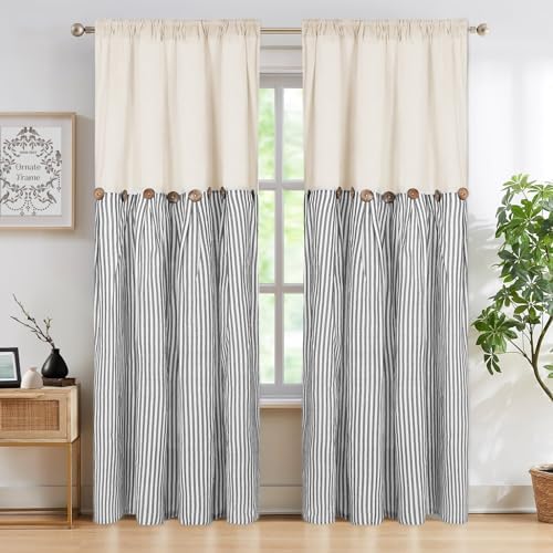 ASPMIZ Cotton Linen Farmhouse Curtains Boho Rustic Button Curtain, Linen Window by ASPMIZ