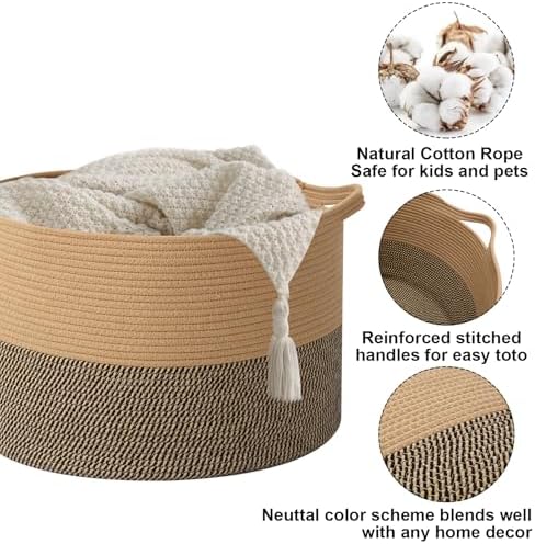 90L Extra Large Blanket Basket, Woven Rope Laundry Basket-Jute&Black - Image 3
