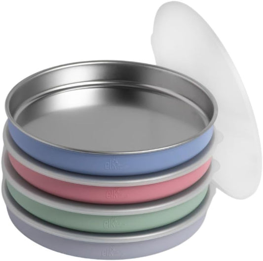 Elk and Friends 7.8” Stainless Steel Non Divided Plates with Silicone Sleeve + Storage Lid | Baby, Toddler, Kids | Dishwasher Safe | Dinner & Snack Plates | 4 Pack