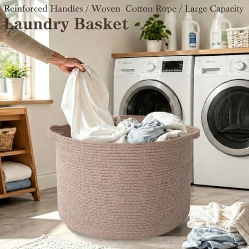 65L Large Blanket Basket, Woven Rope Laundry Basket-Brown - Image 5