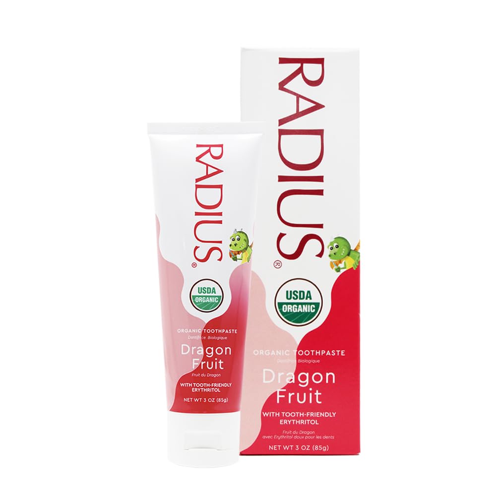RADIUS Toddler Toothbrush & Toothpaste Bundle for Kids, 2 Pack Totz Plus Silky Soft Brush in White/Coral & Cool Grey/Amethyst Purple and 1 Count Dragon Fruit Toothpaste, for Children 18 Months & Up