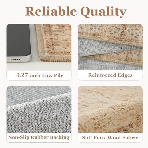 Neutral Tan 2.6x8 Runner Rug for Entryway Non Slip, Low Pile Thin Washable - Image 6