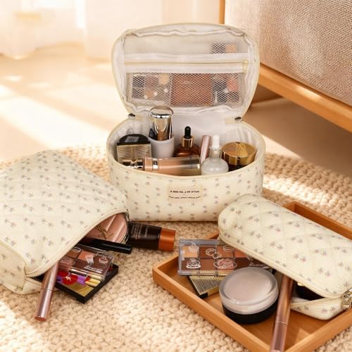 Gosect Quilted Makeup Bag, Large Floral Cosmetic Bag - Image 2