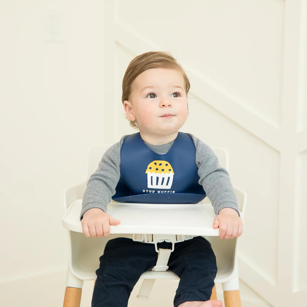 Baby Bib for Eating by Bella Tunno, Waterproof Silicone Bib with Large Food Catcher, Adjustable Fit for Babies 4-12 months & Toddlers 1-3 Years, Boys & Girls, Stud Muffin