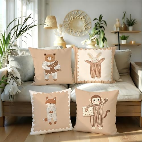 Earthy Bear Bunny Fox Monkey Animals Pillow Covers 18x18 Set of 4, Farm Boy - Image 5