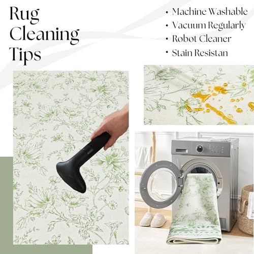 Light Green Kitchen Rug 3x8 Modern Vintage Boho Farmhouse Unique Floral Sage - Image 4