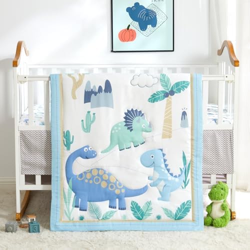 Dinosaur Crib Bedding Set for Boys Light Blue, Premium 3-Piece Baby Bedding Set by WOWELIFE