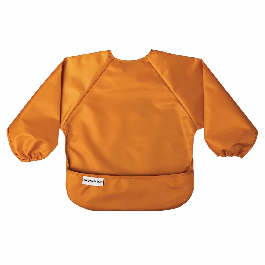 Tiny Twinkle Mess Proof Baby Bibs, 2pk Waterproof Smock Baby Bibs for Eating, Machine Washable Long Sleeve Bibs, Baby Led Weaning, Toddler Bibs, BLW Supplies (Sand Cinnamon, Small 6-24 Months)