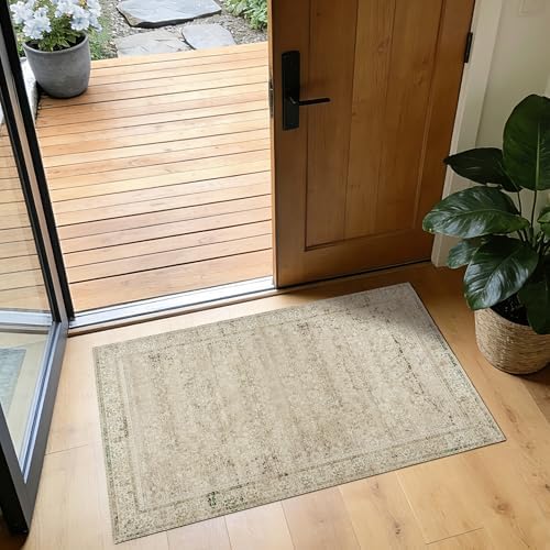 BILEEHOME Boho Kitchen Rug Washable Low Pile Small 2x3 Rugs Tan and Cream by BILEEHOME