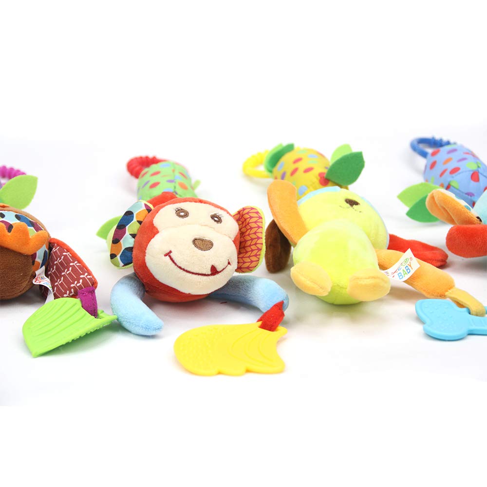 4 PCS Baby Soft Hanging Rattle Crinkle Squeaky Toy - Baby Toys for 0 3 6 9 to 1 Animal Ring Plush Stroller Infant Car Bed Crib Travel Activity Hanging Wind Chime with Teether for Boys Present