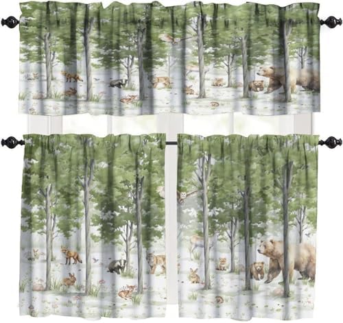 Forest Valance Curtain for Kitchen, Cartoon Forest Nature Animal Bear, Rabbit by LOMADIA