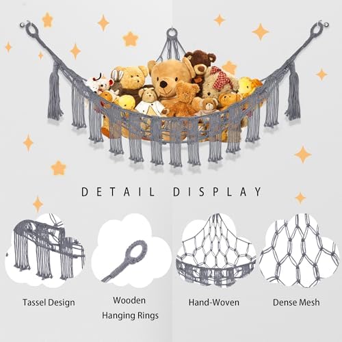 CERETIA Stuffed Animal Hammock Large Corner Plushie Net Storage, Jumbo Grey - Image 6