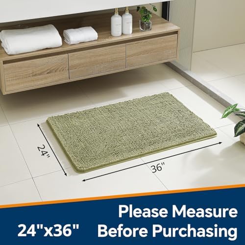 Chenille Bathroom Rug 24"x36" Sage Green, Non-Slip Plush Bath Mat - Image 2