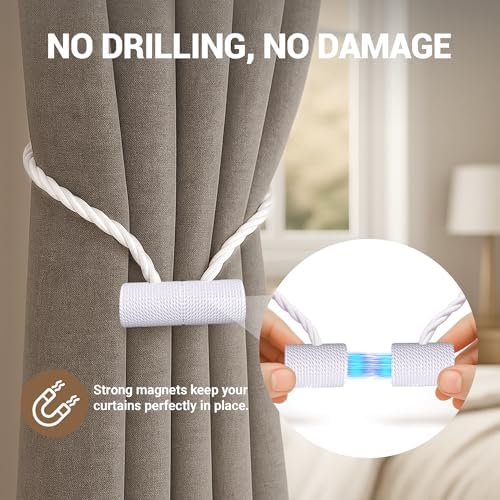 Hion Magnetic Curtain Tiebacks White 4pcs, Curtain Holdbacks Hooks Holders - Image 6