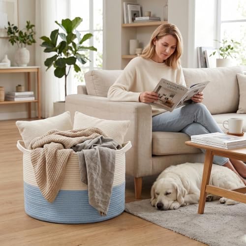 90L Large Blanket Basket, Woven Laundry Basket-White&Blue - Image 4