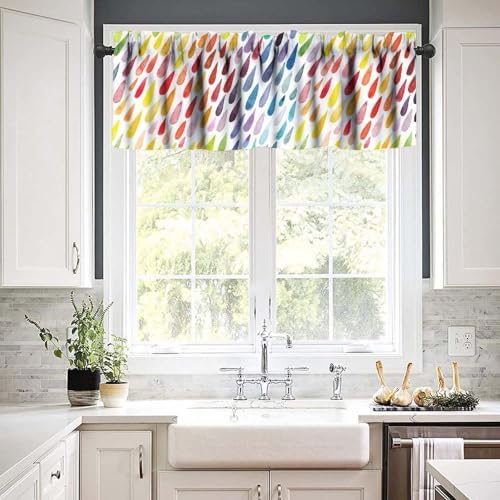 Rainbow Raindrops Valance Curtain, Watercolor Colorful Abstract Water Drops - Image 3