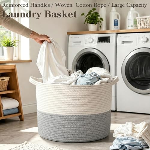 90L Extra Large Blanket Basket, Woven Rope Laundry Basket-White&Grey - Image 5