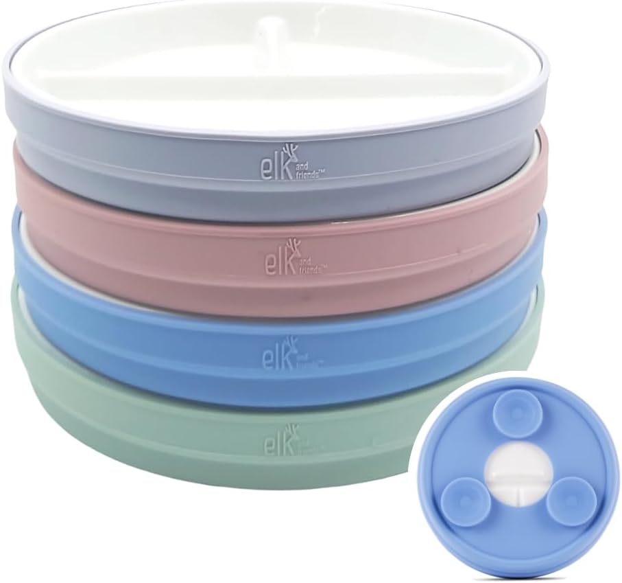 Elk and Friends Kids 6.7” Porcelain Divided Plates with Silicone Suction Sleeves | Suitable for Babies/Kids/Toddlers | Microwave & Dishwasher Safe | Non Slip | Snack Dishes | 4 Pack