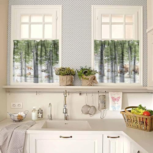 Forest Valance Curtain for Kitchen, Cartoon Forest Nature Animal Bear, Rabbit - Image 2